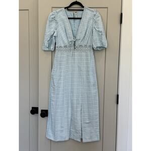 Free People Slow Pace Romantic Ruffles Femme Puff Sleeve Midi Dress Medium Blue